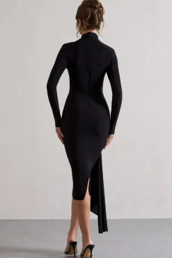 Nikita | Black High-Neck Midi Dress With Drape