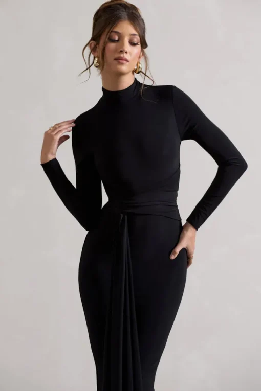 Nikita | Black High-Neck Midi Dress With Drape