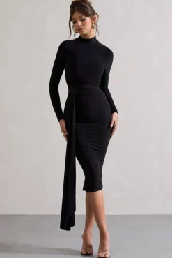 Nikita | Black High-Neck Midi Dress With Drape