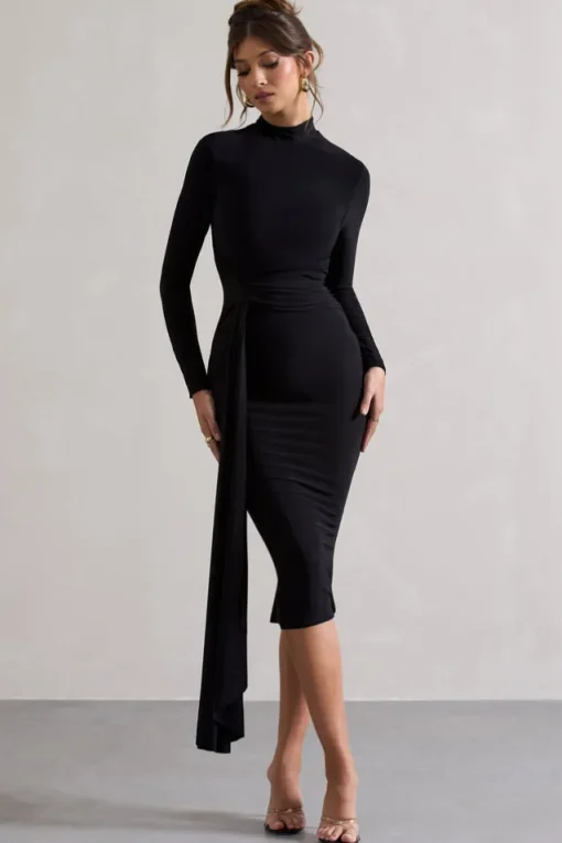 Nikita | Black High-Neck Midi Dress With Drape