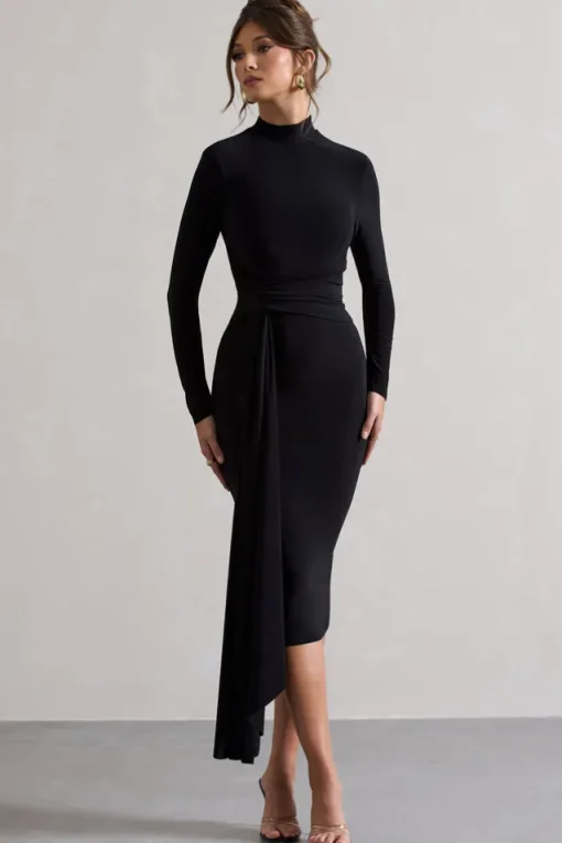 Nikita | Black High-Neck Midi Dress With Drape