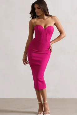 Nina | Dark Pink Structured Strapless Corset Midi Dress