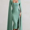 No Replacement | Sage Green Square-Neck Cape-Sleeve Midi Dress