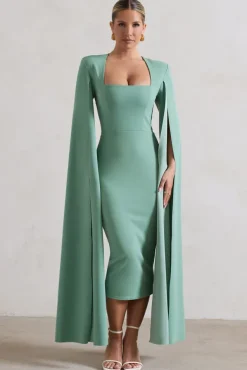 No Replacement | Sage Green Square-Neck Cape-Sleeve Midi Dress