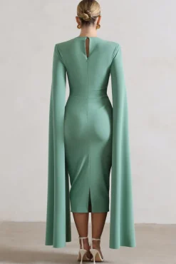 No Replacement | Sage Green Square-Neck Cape-Sleeve Midi Dress