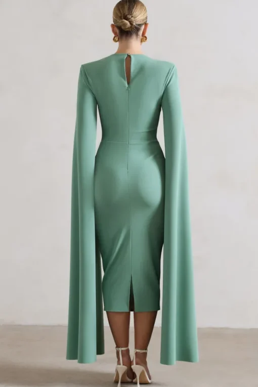 No Replacement | Sage Green Square-Neck Cape-Sleeve Midi Dress