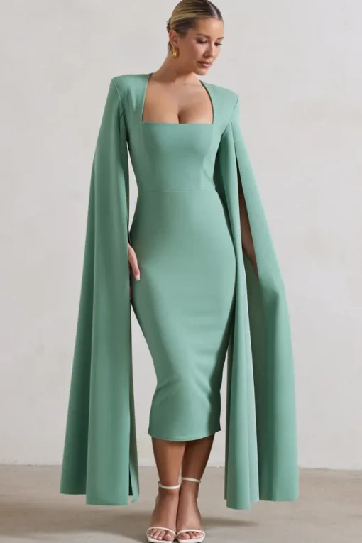 No Replacement | Sage Green Square-Neck Cape-Sleeve Midi Dress