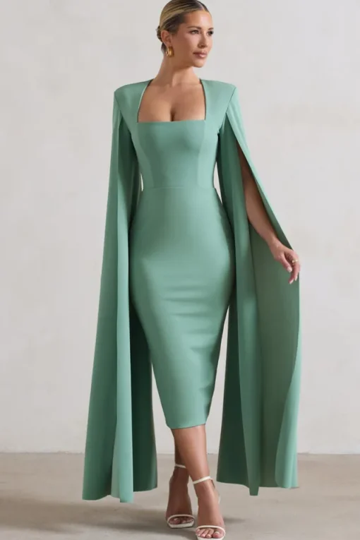 No Replacement | Sage Green Square-Neck Cape-Sleeve Midi Dress