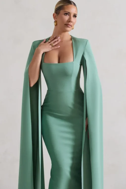 No Replacement | Sage Green Square-Neck Cape-Sleeve Midi Dress