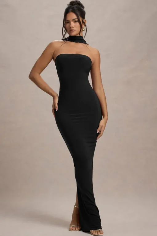 Nobu | Black Bandeau Maxi Dress With Halter-Collar