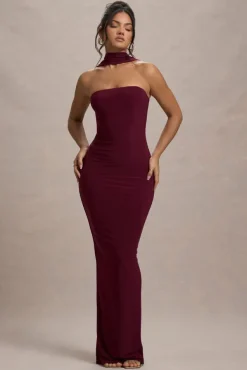 Nobu | Burgundy Bandeau Maxi Dress With Halter-Collar