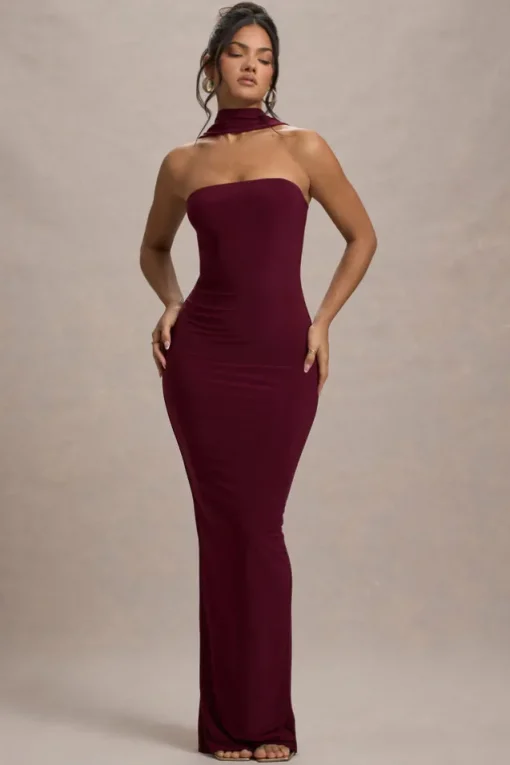 Nobu | Burgundy Bandeau Maxi Dress With Halter-Collar
