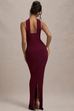 Nobu | Burgundy Bandeau Maxi Dress With Halter-Collar
