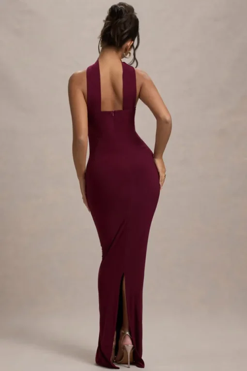 Nobu | Burgundy Bandeau Maxi Dress With Halter-Collar