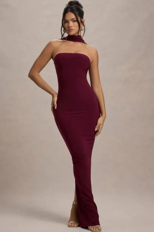 Nobu | Burgundy Bandeau Maxi Dress With Halter-Collar