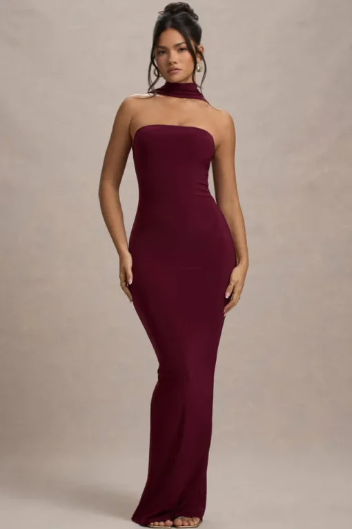 Nobu | Burgundy Bandeau Maxi Dress With Halter-Collar
