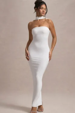 Nobu | White Bandeau Maxi Dress With Halter-Collar