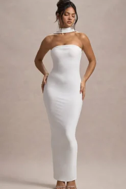 Nobu | White Bandeau Maxi Dress With Halter-Collar