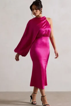 Nola | Dark Pink Satin One-Sleeve Midi Dress