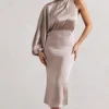 Nola | Taupe Satin One-Sleeve Midi Dress
