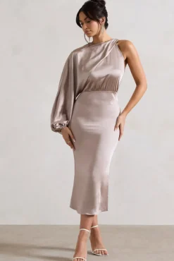 Nola | Taupe Satin One-Sleeve Midi Dress