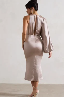 Nola | Taupe Satin One-Sleeve Midi Dress