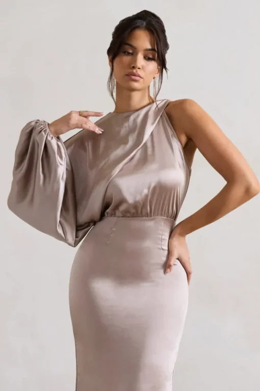 Nola | Taupe Satin One-Sleeve Midi Dress