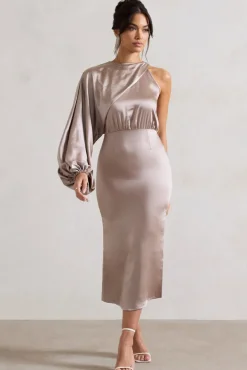 Nola | Taupe Satin One-Sleeve Midi Dress