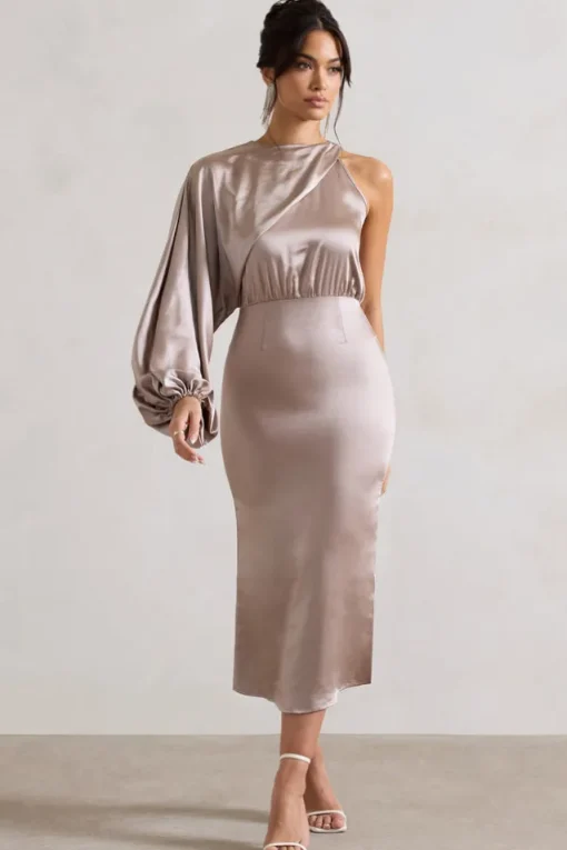 Nola | Taupe Satin One-Sleeve Midi Dress