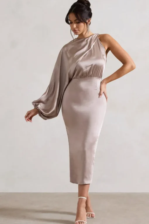 Nola | Taupe Satin One-Sleeve Midi Dress