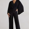Nori | Black Plunge-Neck Straight-Leg Cape Jumpsuit