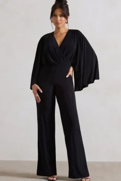 Nori | Black Plunge-Neck Straight-Leg Cape Jumpsuit
