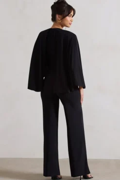 Nori | Black Plunge-Neck Straight-Leg Cape Jumpsuit