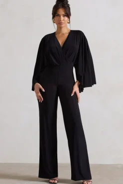 Nori | Black Plunge-Neck Straight-Leg Cape Jumpsuit