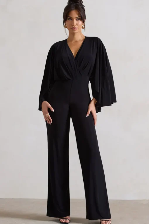 Nori | Black Plunge-Neck Straight-Leg Cape Jumpsuit