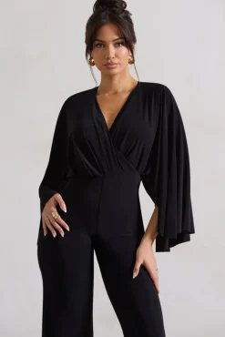 Nori | Black Plunge-Neck Straight-Leg Cape Jumpsuit