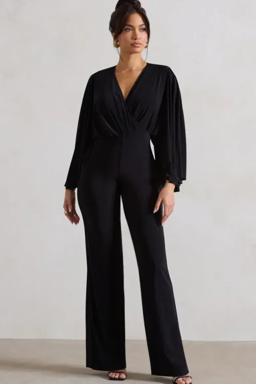 Nori | Black Plunge-Neck Straight-Leg Cape Jumpsuit
