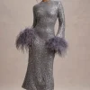North Star | Silver Sequin Long-Sleeve Midi Dress With Feather Cuffs