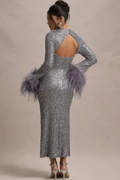 North Star | Silver Sequin Long-Sleeve Midi Dress With Feather Cuffs