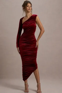 Northern Light | Berry Velvet Asymmetric One-Sleeved Midi Dress