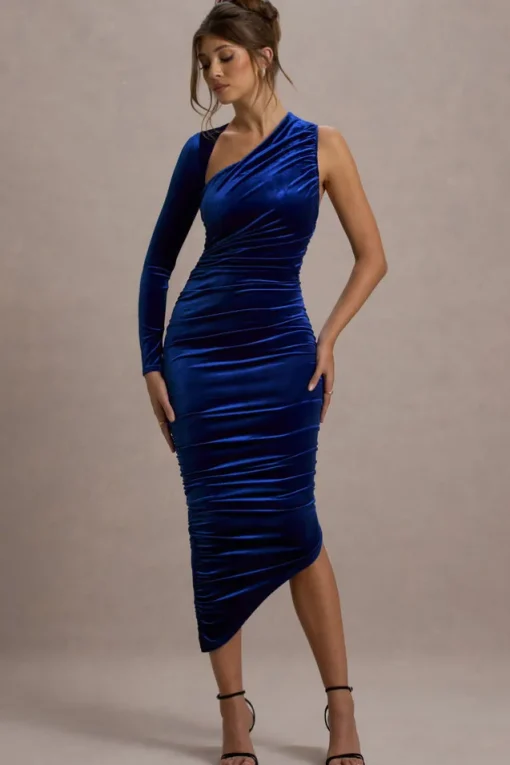 Northern Light | Cobalt Blue Velvet Asymmetric One-Sleeved Midi Dress