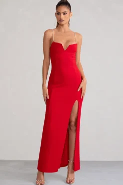 Notes To Self | Red Square Neck Thigh Split Maxi Dress