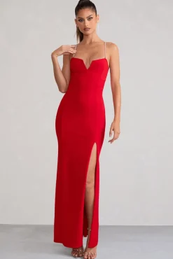 Notes To Self | Red Square Neck Thigh Split Maxi Dress