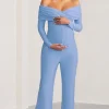 Nuala | Powder Blue Bardot Maternity Jumpsuit with Long Sleeves