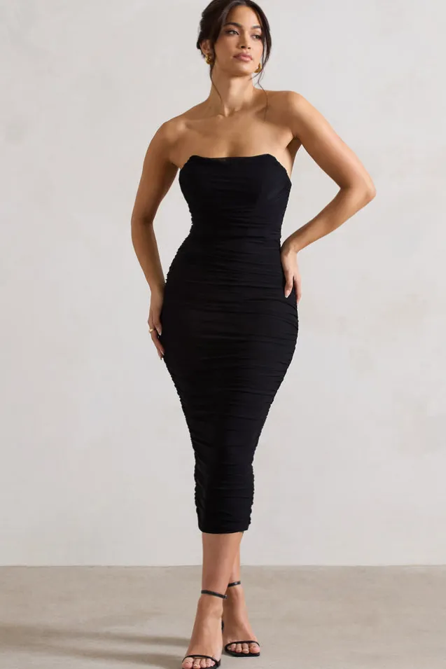 Nylah | Black Ruched Corset Bodycon Midi Dress