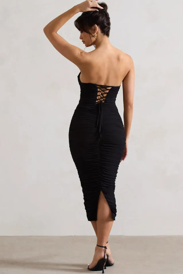 Nylah | Black Ruched Corset Bodycon Midi Dress