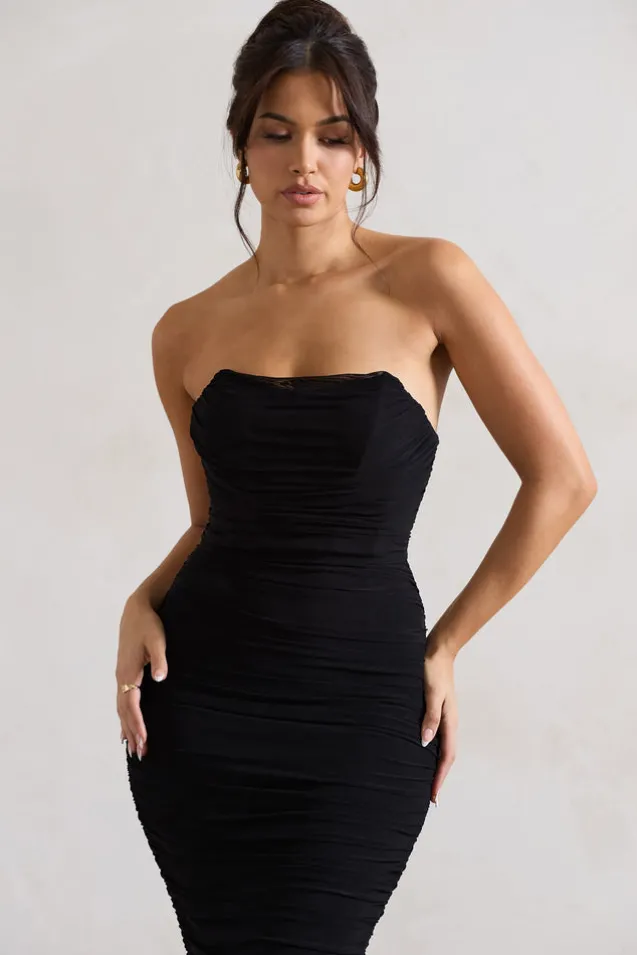 Nylah | Black Ruched Corset Bodycon Midi Dress
