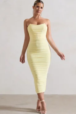 Nylah | Lemon Ruched Corset Bodycon Midi Dress