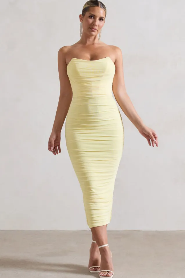 Nylah | Lemon Ruched Corset Bodycon Midi Dress