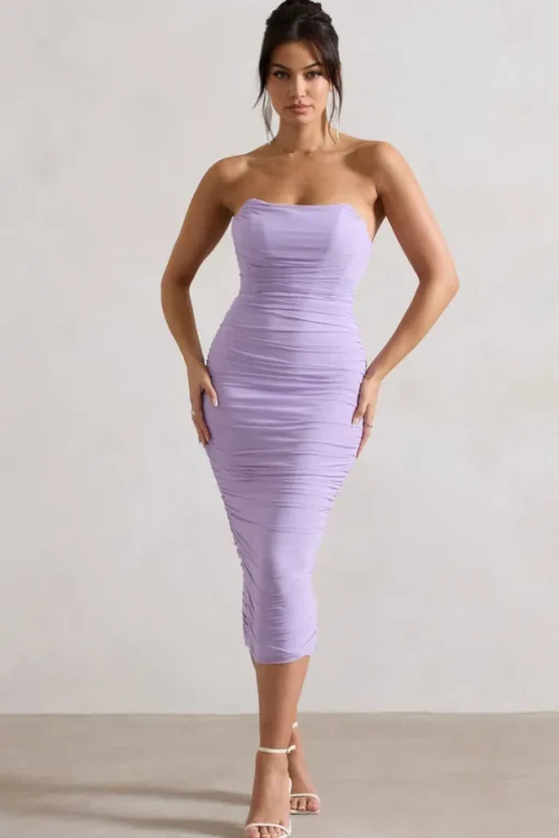 Nylah | Lilac Ruched Corset Bodycon Midi Dress